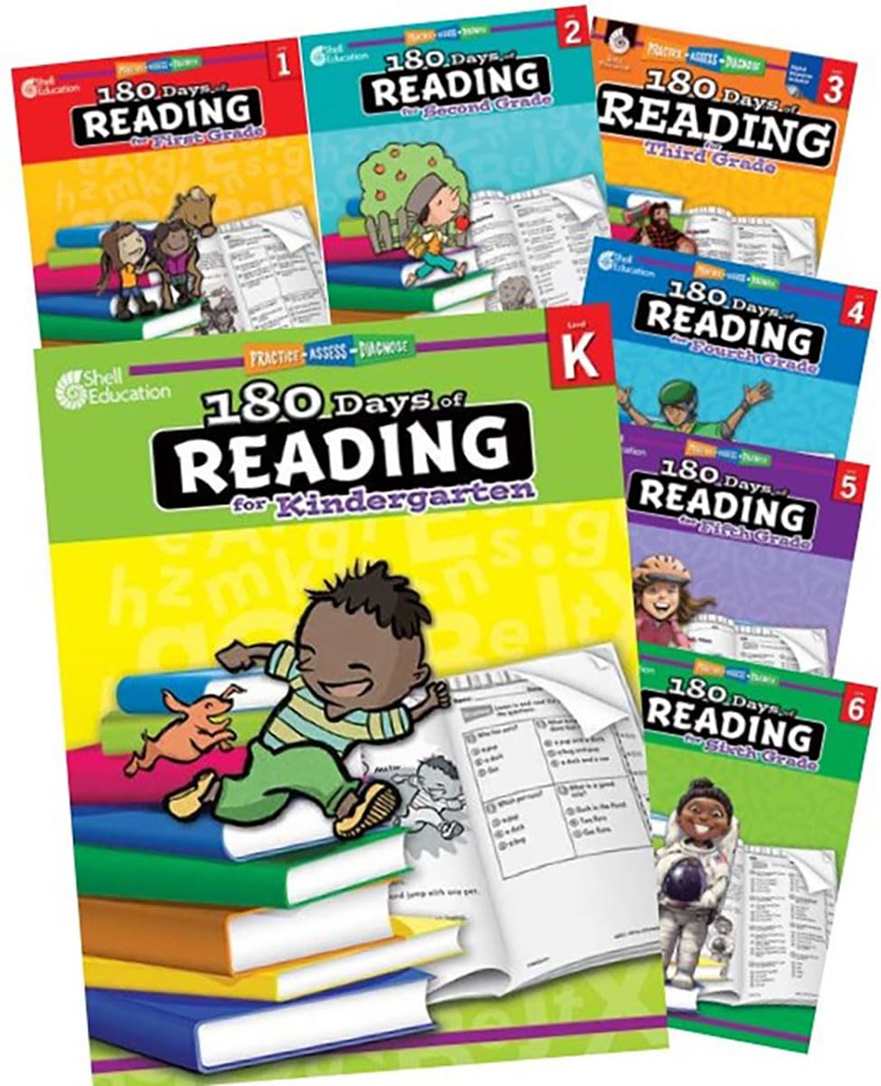 180 Days of Reading for K-6, Set of 7 Assorted Reading Workbooks, One Per Grade Level for Kindergarten through Sixth Grade
